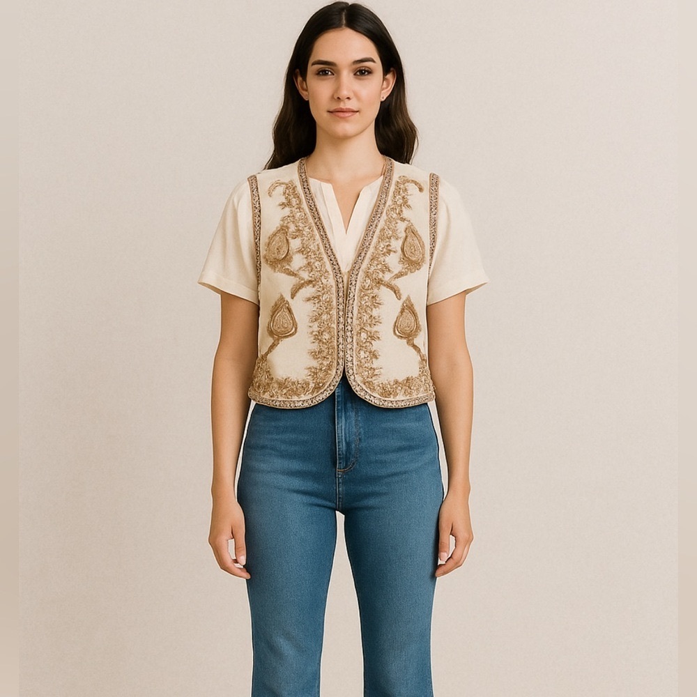 31. Vintage RAFAELLA Cream Silk Beaded Vest Sz Lg - Picture 1 of 13